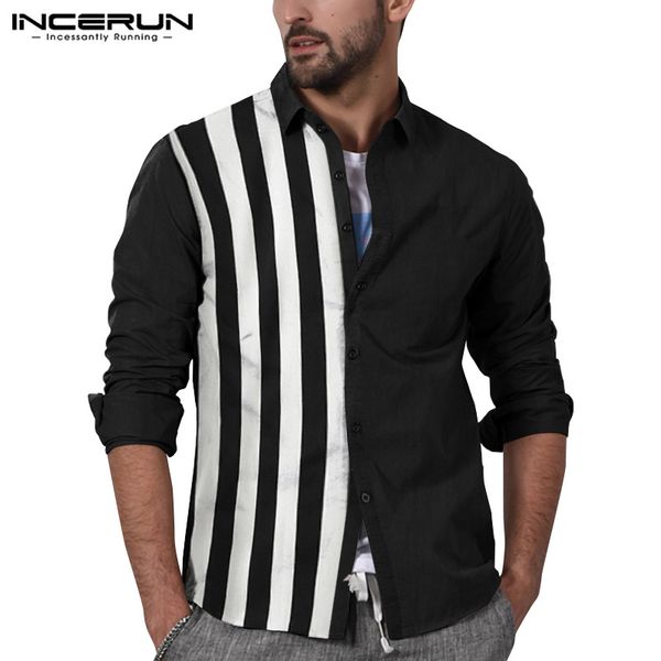

incerun fashion striped patchwork men shirt cotton 2019 lapel long sleeve casual camisa streetwear personality men brand shirts, White;black