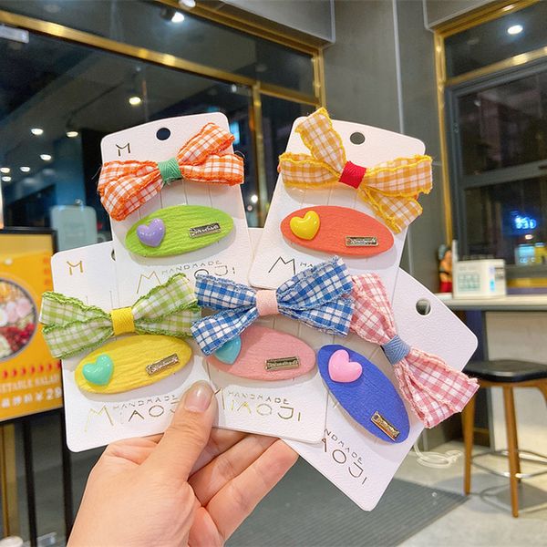 

2 pcs new sweet girl princess bb clip beautiful colorful plaid fabric bow rubber band korean fashion children hair accessories, Slivery;white