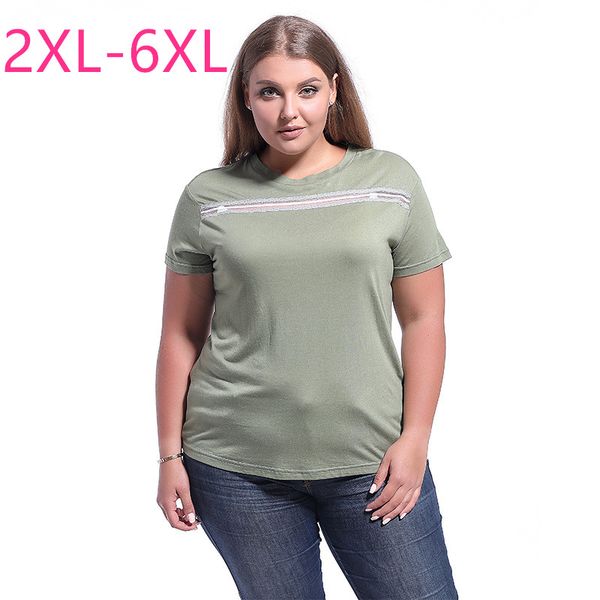 

new 2020 summer plus size for women large short sleeve loose casual green o neck t-shirt with lace 4xl 5xl 6xl 7xl, White