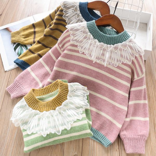

sweet child striped lace pullover crochet sweater clothing candy princess color fall holiday lovely kids girls knitted, Blue
