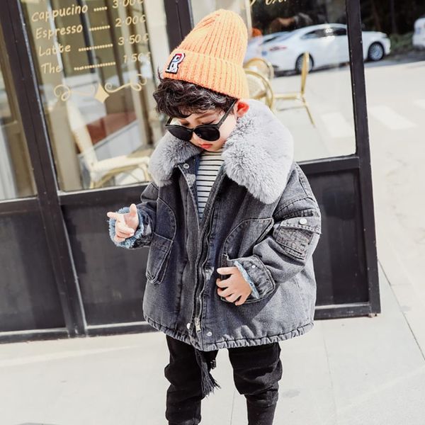 

2020 children denim jackets boy plus velvet coat thicker warm jean outwear high-quality cotton coats kids winter jackets y2527, Blue;gray