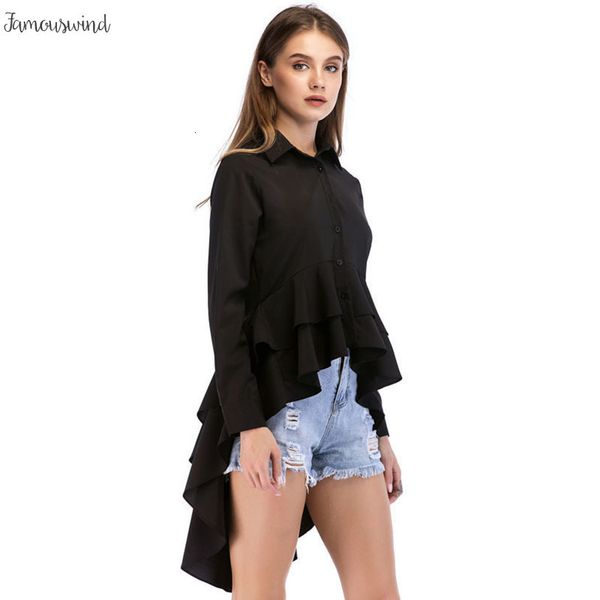 

черный каскадные рябить блузка рубашка женщины 2019 весна осень отворотом топ женский с длинным рукавом повседневный high new low, White