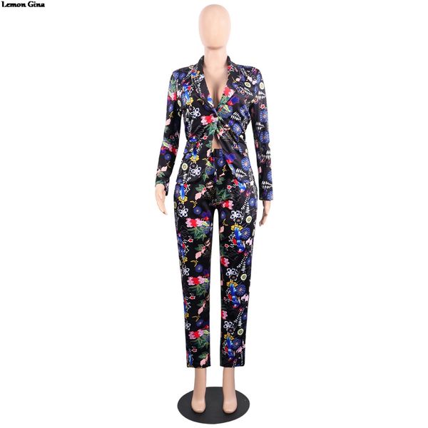 

lemon gina floral print notched neck long sleeve blazers long pants suits 2pcs women's sets office lady tracksuit outfit lgf75, White;black