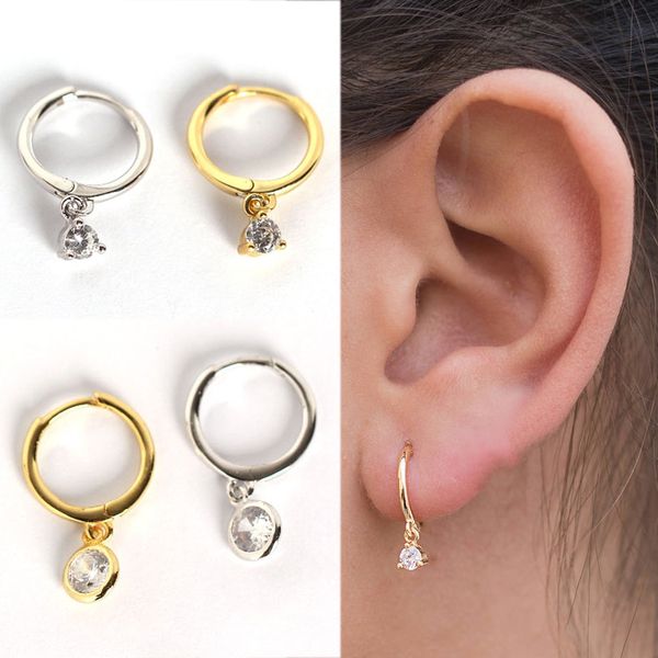 

925 sterling silver huggie hoop with dangling cubic zircon earrings, Golden;silver