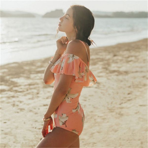 

2020 women lotus leaf swimsuit lady off shoulder printing one peice swimsuit monokini bikinis swimwear beach suit trikini