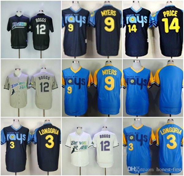 

Cheap Tampa Bays news Blank 9# MYERS 12# BOGGS 14# PRICE White Grey Blue Black Retro Baseball News Shirt Stitched