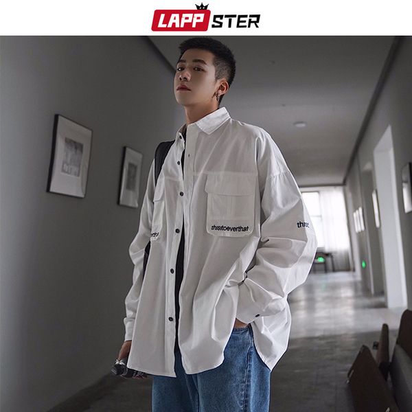 

men korean fashions pockets shirts 2019 hip hop loose long sleeve cargo shirt japanese streetwear casual vintage shirt, White;black