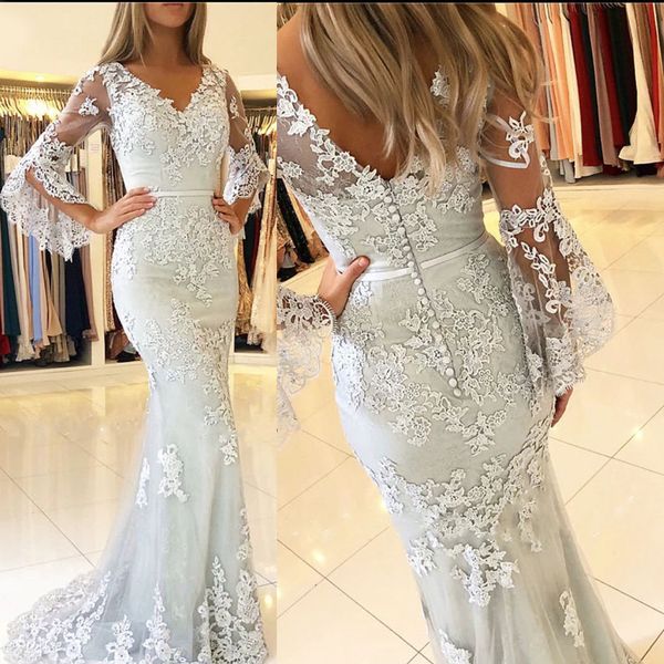 

silver long juliet sleeves mermaid prom dresses ribbon lace applique covered button sweep train formal evening party wear custom made, Black