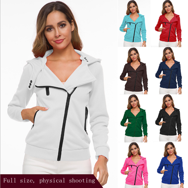 

shoddy women's european and american plush sweater women's new long sleeve hooded diagonal zipper coat in autumn and winter, Black;white