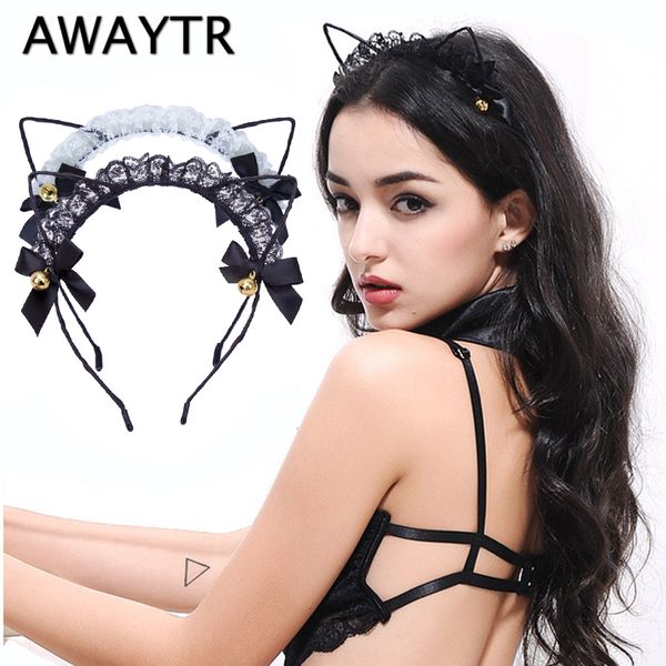 

awaytr женщины черное кружево кошачьи уши оголовье девушки рождественские колокольчики уши hairband party аксессуары для волос косплей фести
