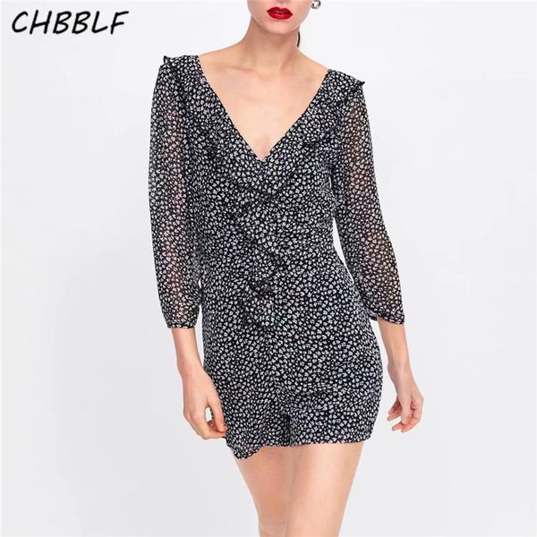 

chbblf women v neck chic prints jumpsuits back zipper three quarter sleeve ruffles rompers female casual playsuits bgb9057, Black;white