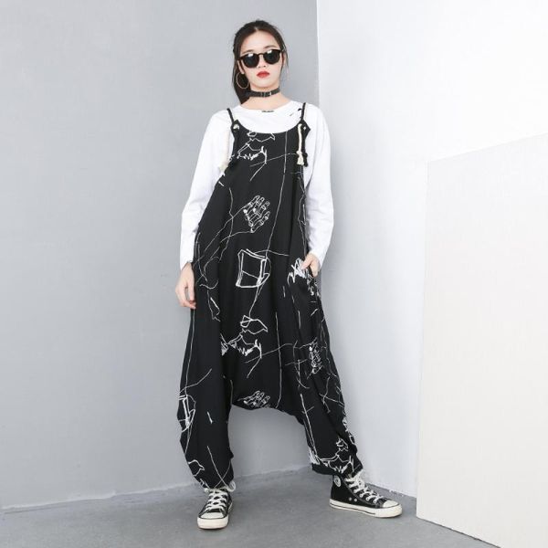 

women's jumpsuits & rompers women spring 2021 persomnality street style black high waist split print jumpsuit fashion loose cotton hare, Black;white