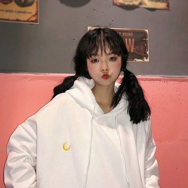 

autumn winter new solid color embroidery moon hoodie korean style retro long-sleeved thick hooded sweatshirt for women, Black