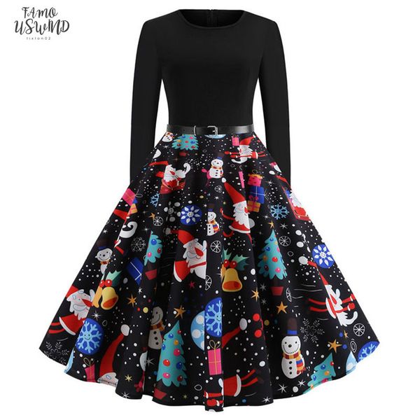 

vintage dress long sleeve print christmas dress winter elegant swing party dresses robe femme casual rockabilly vestidos, Black;gray