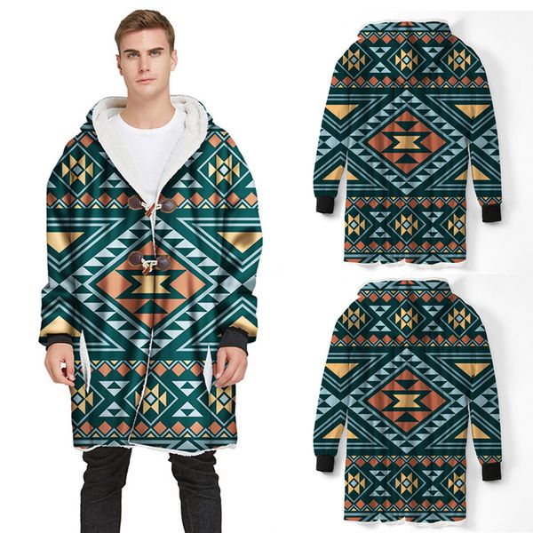

fashion winter warm mens long hooded male horn buckle plus velvet thick 3d printed coat blouse men ziper casual loose coat, Black