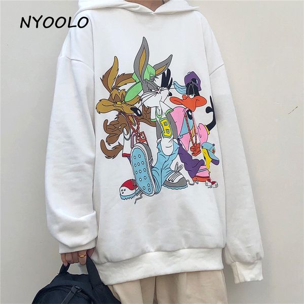 

nyoolo funny cartoon print loose hoodies autumn streetwear pullovers long sleeve hooded sweatshirt women men clothing, Black