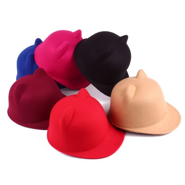 

plain wool felt fedora hat with cute cat ears for kids and casual parent-child equestrian cap trilby bowler caps, Blue;gray