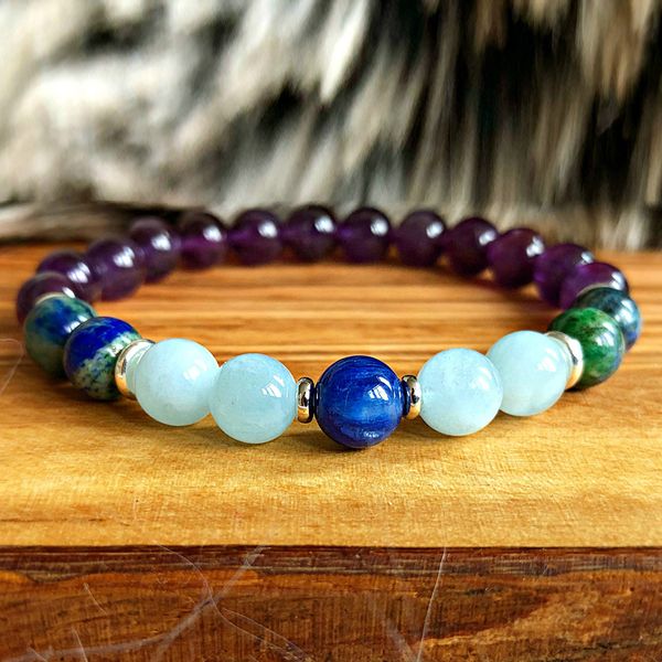 

wholesale genuine grade blue kyanite bracelet 8 mm aqua marine chrysocolla gem stone bracelet yoga mala healing crystals, Golden;silver