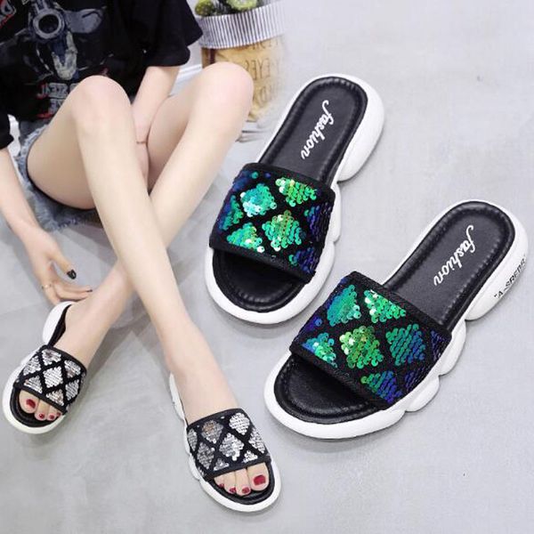 

okkdey sequins slippers 2020 outdoor womens print flats open toe light shoes casual beach walk slippers sequins ladies shoes, Black