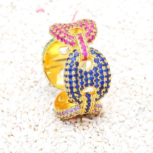 

hip hop men's new coffee beans micro-inlaid zircon ring color zircon pig nose ring hiphop iced out ring, Golden;silver