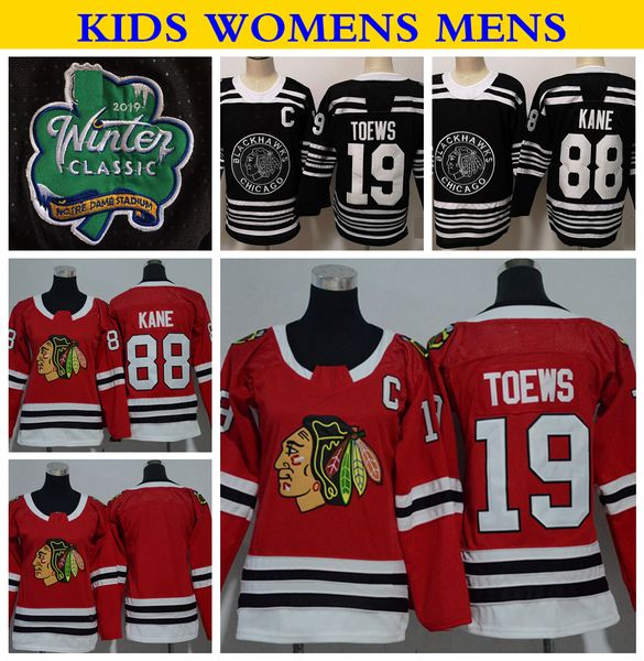 

2019 winter classic youth chicago blackhawks 88 patrick kane 19 jonathan toews hockey jerseys home red stitched mens kids womens shirts, Black;red