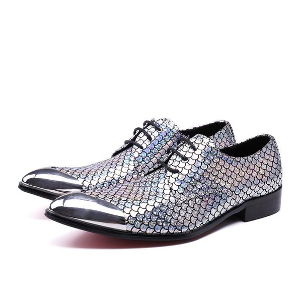 

calzado hombre sliver glitter fish skin steel toe office shoes men genuine leather flats italian oxford elegant gents, Black