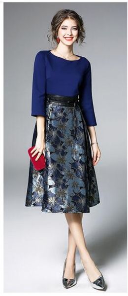 

flared sleeve jacquard collared waist temperament thin paneling dress, Black;gray