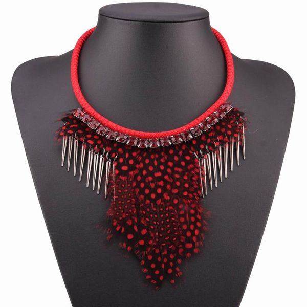 

women choker crystal spike pendant rope chain red and black feather necklace jewelry brand new design fashion necklace 2020, Silver