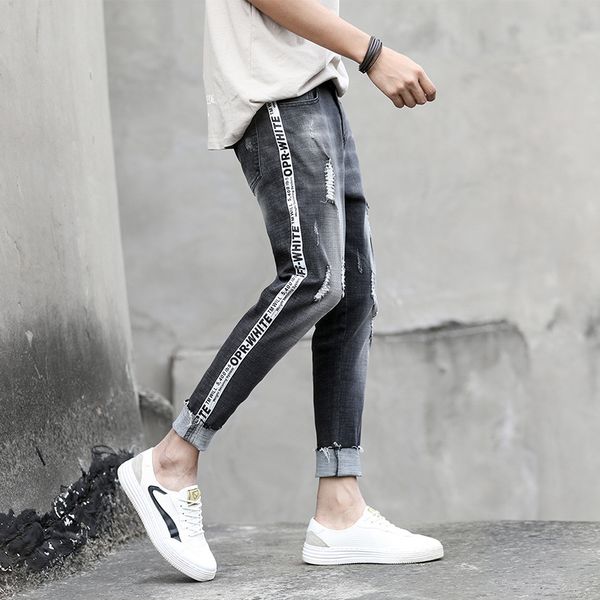 

spring summer ripped holes pencil jeans men's korean trendy grey youth slim feet pants side striped teenagers cowboy men's pants, Blue