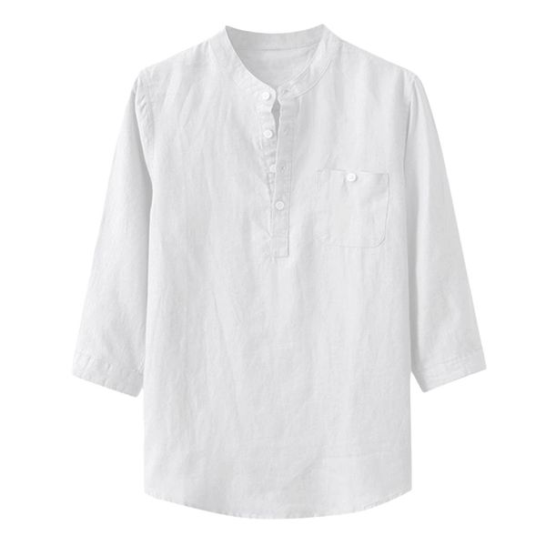 

men's casual shirt slim baggy cotton linen solid three quarter sleeve pocket stand collar shirts men male clothing camisa, White;black