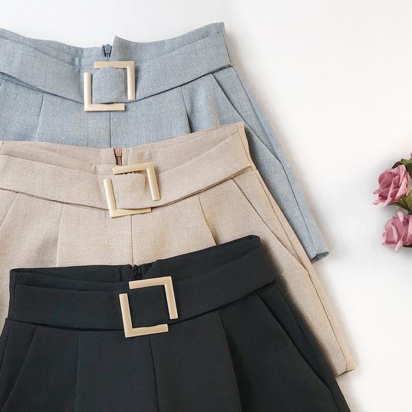 

realeft new 2020 summer solid metal button formal shorts high waist chic wide leg shorts korean ol style elegant trousers ladies, White;black