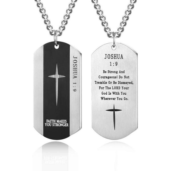 

stainless steel jesus pendant square card creative lettering cross necklace strong and courageous christian jewelry exquisite fashion, Silver