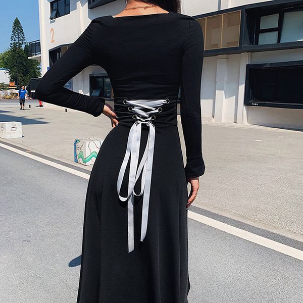 

осень женщины одеваются vestidos квадратная шея зашнуровать bodycon черный с длинным рукавом платье макси элегантные дамы ретро вечерние пла, Black;gray