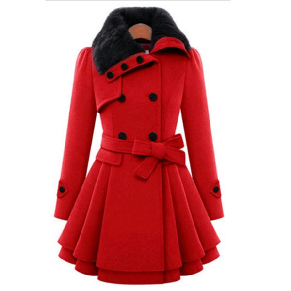 

women's wool & blends slim long woolen coat double-breasted trench, Black
