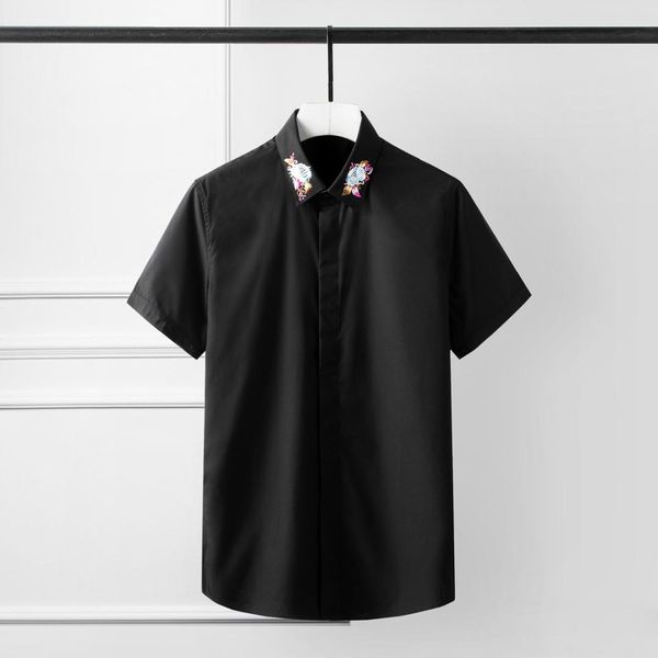 

summer mens shirts luxury rose embroidery collar short sleeve casual shirt white black party nightclub shirts man 3xl 4xl