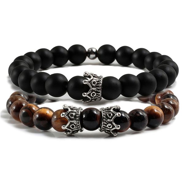 

beaded, strands 2pcs/set classic tiger eye natural stone hematite bracelets charm men crown beads couple distance bracelet stretch jewelry, Black