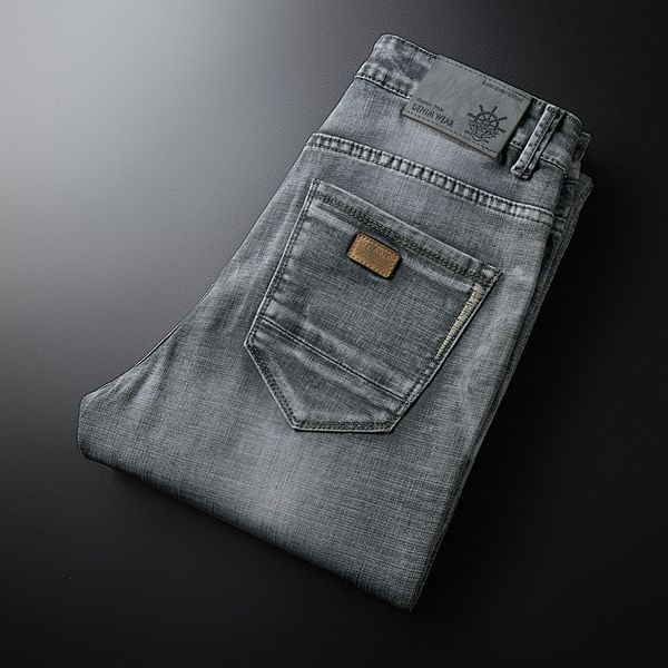 

men's jeans mens smart casual business male denim pants trousers cotton classic straight gray 2021, Blue
