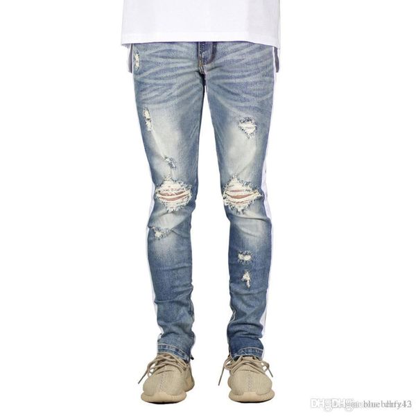 

new mens hip hop ripped jeans fashion destroyed hole skinny biker jeans white stripe stitching zipper black blue denim pants asian size