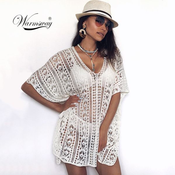 

2019 new beach bikini crochet knitted tassel tie beachwear summer knitwear see-through beach dress b-002, White;black