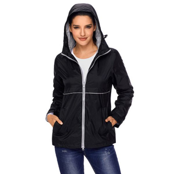 

women solid color mountaineering jackets autumn fashion ladies large long sleeve hooded zipper waterproof raincoat jacket, Black;brown