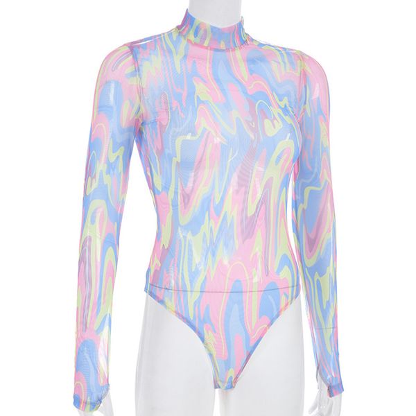 

printed women jumpsuit bodysuit holiday stretch mesh perspective colorful slim long sleeve high neck spring casual, Black;white