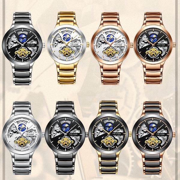 

new tevise luxury men watches automatic moon phase mechanical watches self winding tourbillon male wristwatch relogio masculino, Slivery;brown