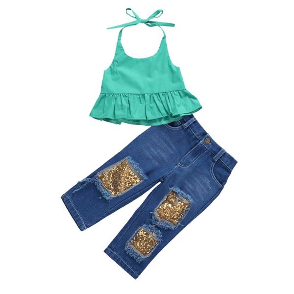 

clothing sets 3-8t kid baby girls outfit fashion backless flouncing sleeveless sequins long trousers jeans clothes set 2pcs, White