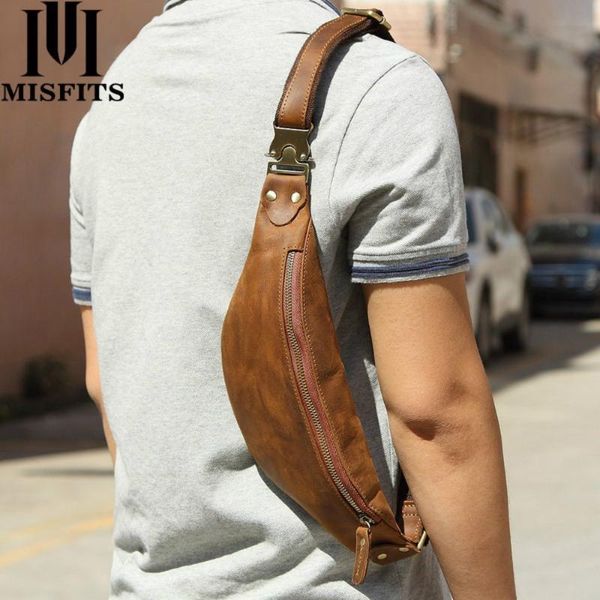 

misfits cow leather men messenger bag vintage waist pack for cell phone male crazy horse leather chest bag small shoulder bags