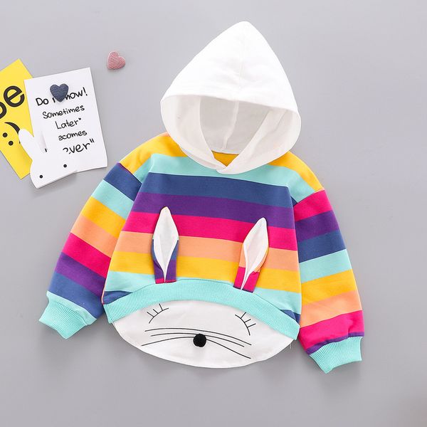 

2020 new spring fall baby girls sweatshirts hooded colorful striped infant girl clothes rabbit ear sweatshirt for newborns, Black
