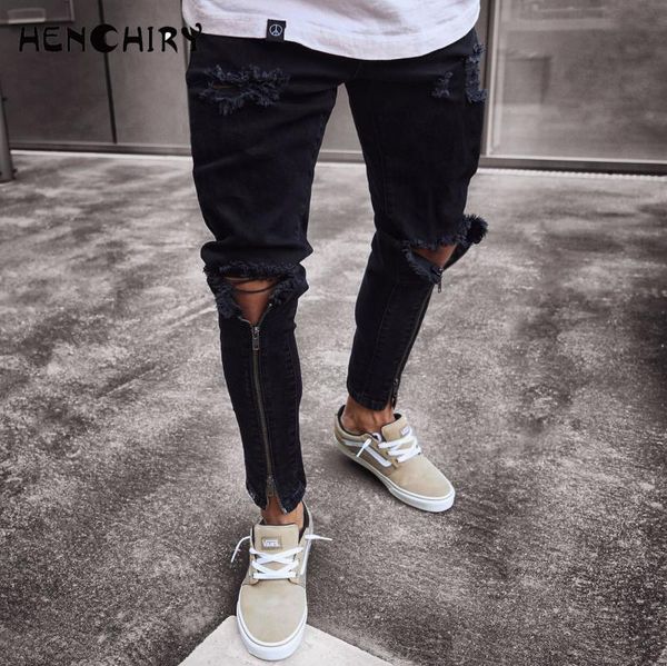 

2020 men's slim fit straight straight shabby high street distressed knee hole zipper denim trousers elastic hip hop jeans s-3xl, Blue