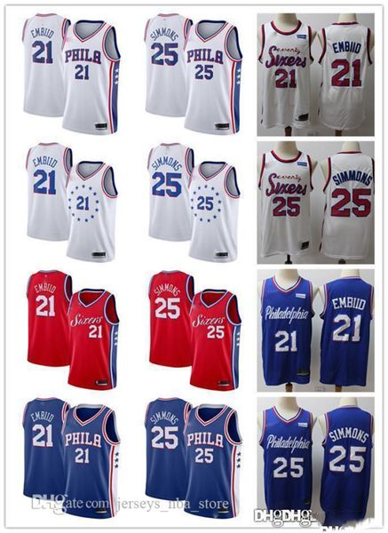 

2020 men youth women philadelphias 76ers 2020 ben 25 simmons joel 21 embiid basketball jerseys grey white red blue, Black;red