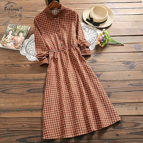 

mori girl fashion plaid dress 2020 spring new arrival corduroy long sleeve vintage dress for empire women, Black;gray