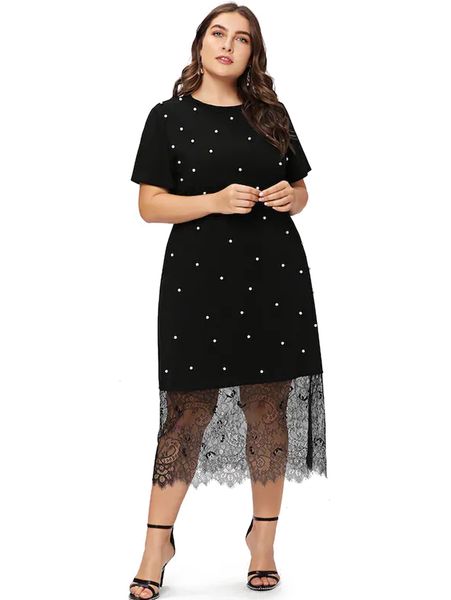 

womens clothes designer dresses plus fashion size beaded lace splice t shirt dress o neck short sleeves dresses causal vestidos, Black;gray
