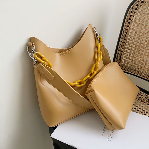 

burminsa wide strap soft bucket shoulder bags for women chain design ladies composite bags large capacity female tote 2020